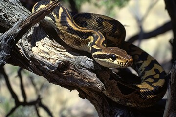 An emerald boa constrictor coiled around a tree branch, its scales shimmering in the sunlight.