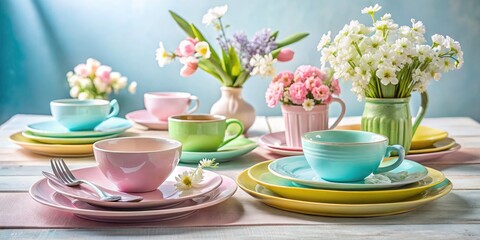 Spring awakens: Minimalist pastel brunch photography featuring delicate flowers and warm food.