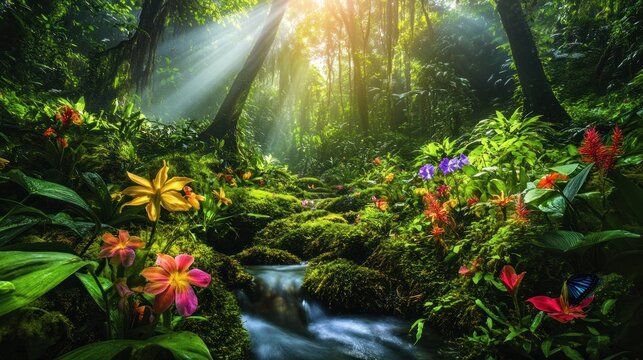 Tropical rainforest filled with exotic flowering trees with bright colors blooming along the river, background wallpaper AI generated image