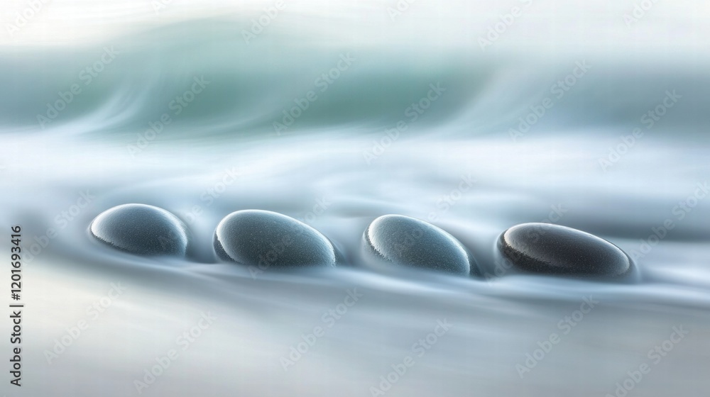 Poster close up of smooth beach pebbles gently washed by waves on a coastal shore during a serene moment of