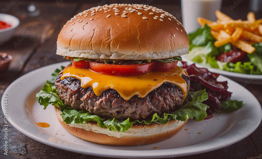 Poster a large hamburger with cheese and tomato on a bun sits on a white plate. the burger is surrounded by