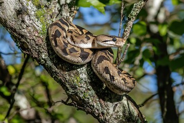 Fototapeta premium An emerald boa constrictor coiled around a tree branch, its scales shimmering in the sunlight.