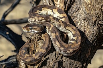 An emerald boa constrictor coiled around a tree branch, its scales shimmering in the sunlight.