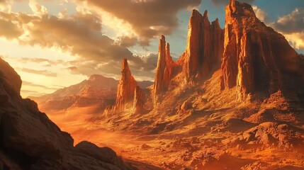 Naklejka premium Majestic sunset over dramatic sandstone formations in a vast desert landscape.