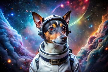 Starry skies frame a courageous rat terrier astronaut, stylishly outfitted for cosmic adventures.