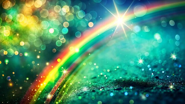 Green shining background with rainbow arch on bokeh with lights and sparklings, St. Patrick's day concept	
