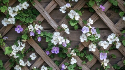 A wooden lattice covered with vines and small white and purple flowers creating a beautiful pattern