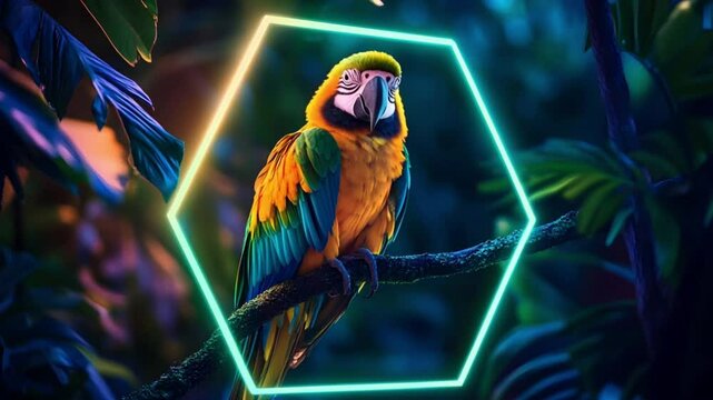Colorful parrot perched on a branch in a lush tropical environment at night