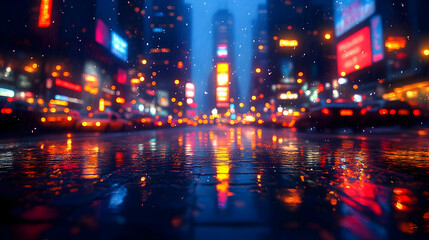 Obraz premium Rainy city night with vibrant lights reflecting on wet streets, creating a dynamic urban atmosphere