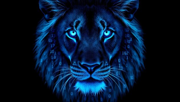 Insurance concept of powerful lion with blue digital security code