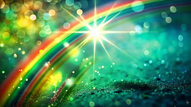 Green shining background with rainbow arch on bokeh with lights and sparklings, St. Patrick's day concept	