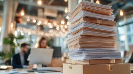 Overwhelming Legal Tasks: Towering Paperwork Stacks in Office Setting