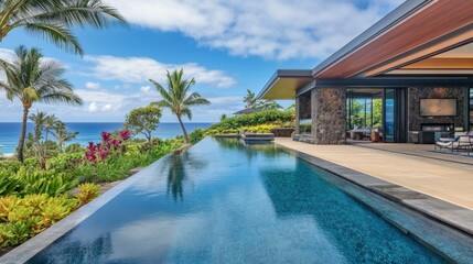 Fototapeta premium Luxurious beachfront villa with large rectangular swimming pool located just steps from the shoreline background wallpaper AI generated image