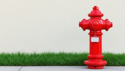 Outdoor fire hydrant equipment. Bright red fire hydrant positioned on a sidewalk beside green grass against a neutral wall background.