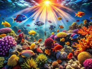 Stunning bokeh captures a vibrant coral reef's underwater beauty, showcasing diverse sea life.