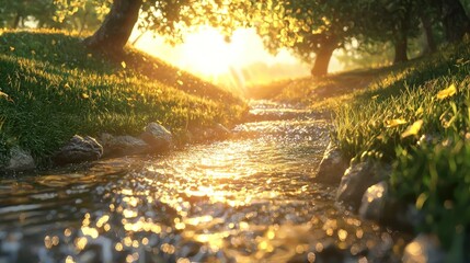 Naklejka premium Sunlit stream flows through lush green meadow at sunset.