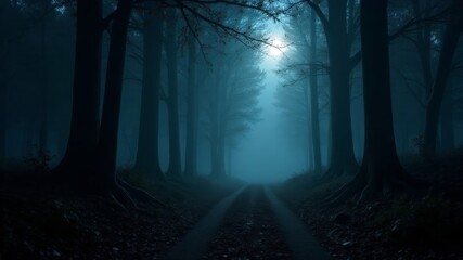 Hiking trail in foggy forest at night