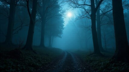 Naklejka premium Hiking trail in foggy forest at night