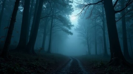 Naklejka premium Hiking trail in foggy forest at night