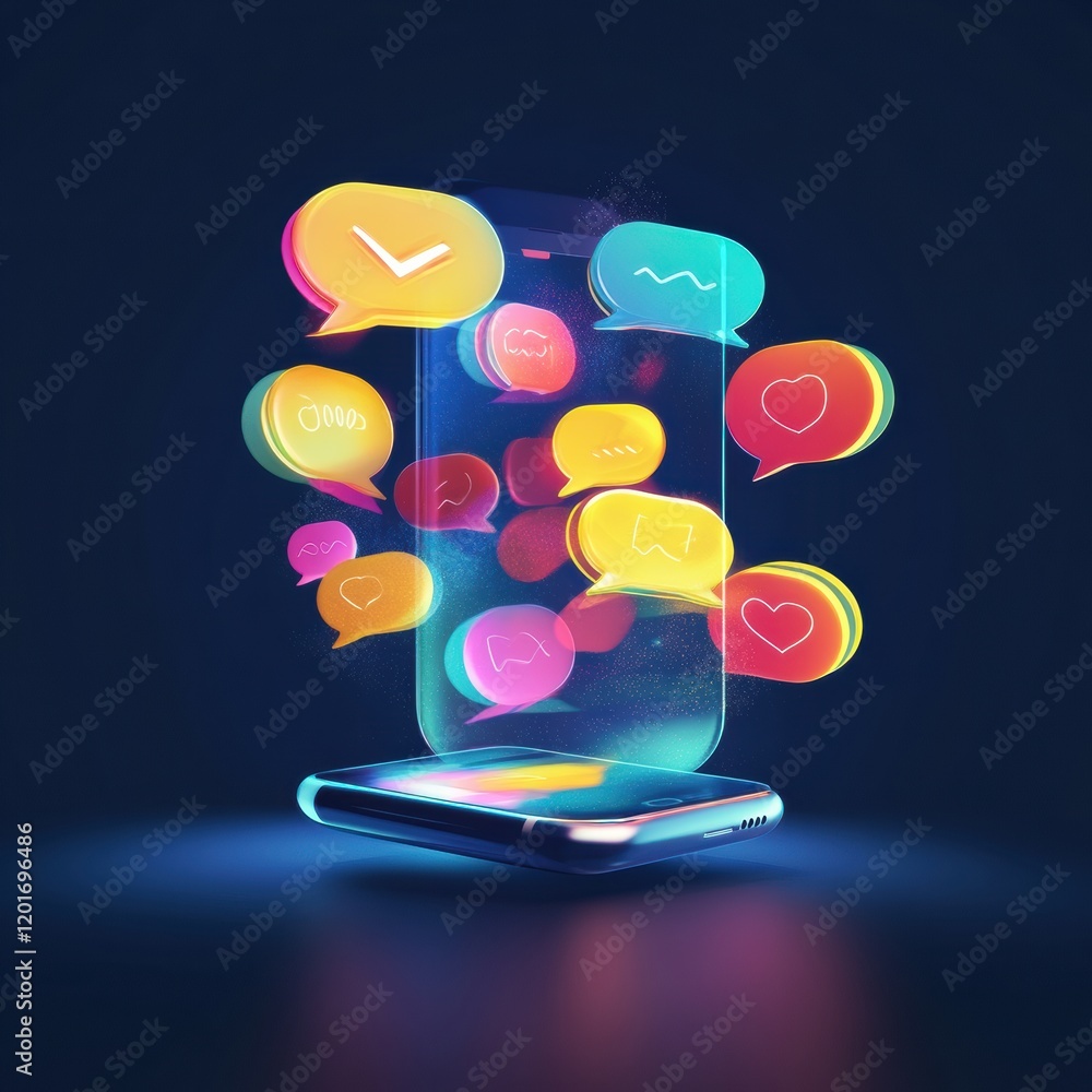 Poster bright chat bubbles emerging from a smartphone screen during a digital communication moment. generat