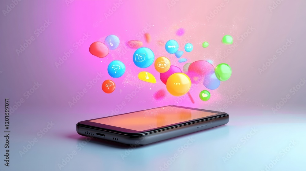 Poster bright chat bubbles emerge from a smartphone, celebrating digital communication and connectivity in 