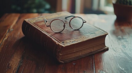 Antique book and round glasses on wooden table.