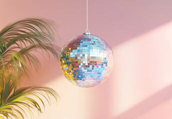 A hanging silver disco ball with mirrored mosaic tiles, isolated on a white background