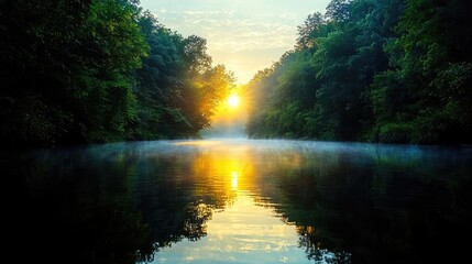 Fototapeta premium Sunrise over calm river in misty forest. Peaceful nature scene for travel brochures