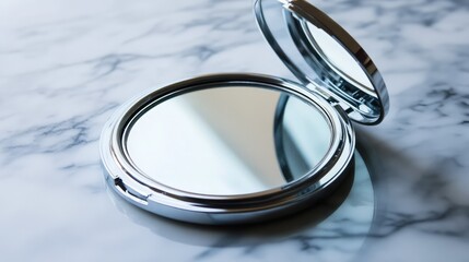 Compact Mirror Reflection: A gleaming silver compact mirror lies open on a marble surface, its reflective surface catching the light and ready to reveal your beauty.  