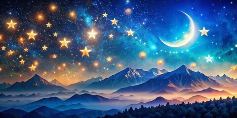 Fototapeta premium Whimsical Starry Night Sky with Blue Mountain Background - Dreamy Celestial Pattern