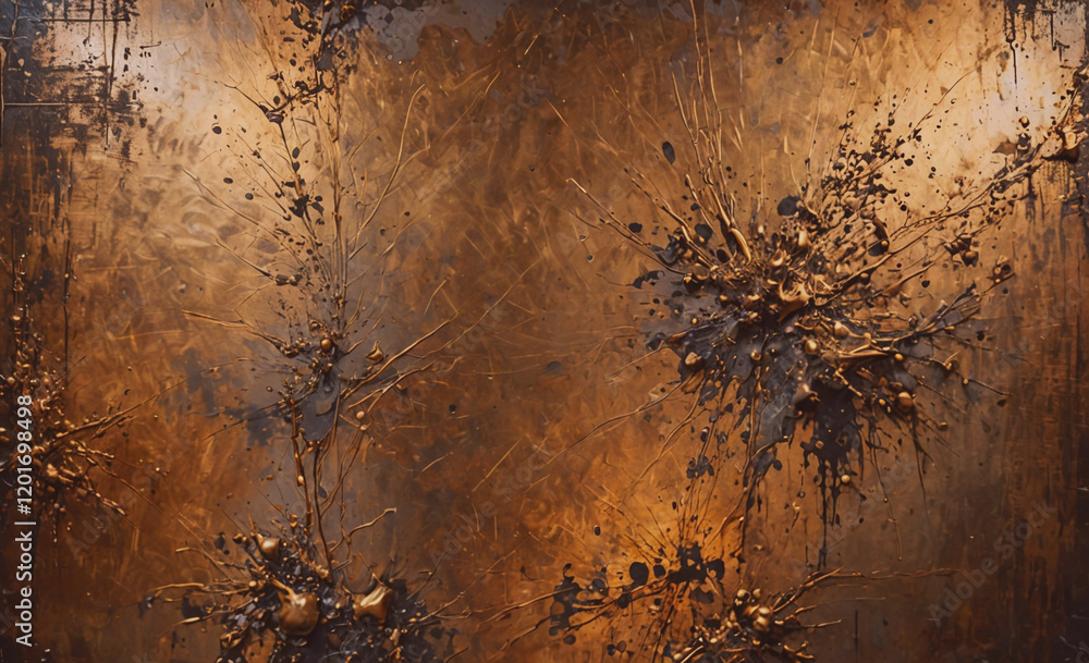 Poster a painting of a wall with splatters of paint and a gold background. the painting has a sense of chao