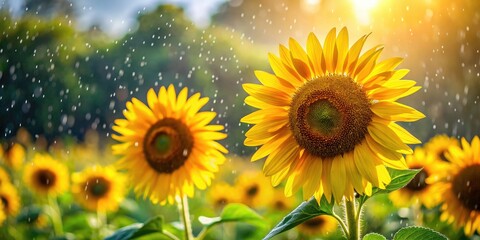 Obraz premium Summer rain softens the golden sunflower field, a picturesque rainy day scene.