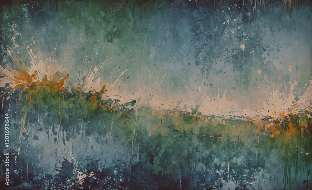 Poster a painting of a green and blue landscape with splatters of paint. the mood of the painting is chaoti