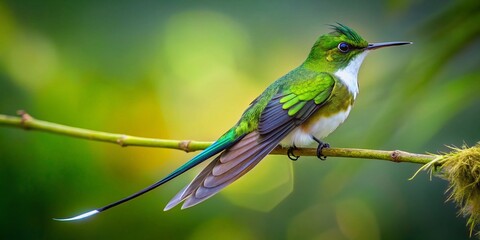 White-booted Racket-tail Hummingbird, Green Bird, Long Tail, Low Light Photography, 4K