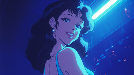 輝くライトと美しい女性｜楽しさが溢れるバーのシーン。懐かしい日本のアニメをイメージしたイラスト。シティポップ。
