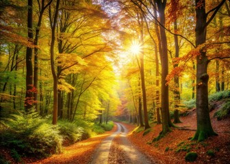 Fototapeta premium Sunlight filters through fall colors, a tranquil hiking trail winds through the autumn forest.