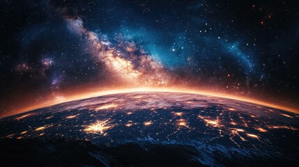 Earth at night, city lights, Milky Way galaxy, space exploration, background for science