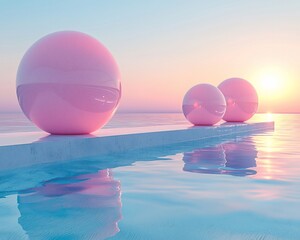 Three pink spheres on platform over calm water at sunset.