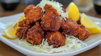 Serving of crispy karaage fried chicken garnished lemon wedge shredded cabbage