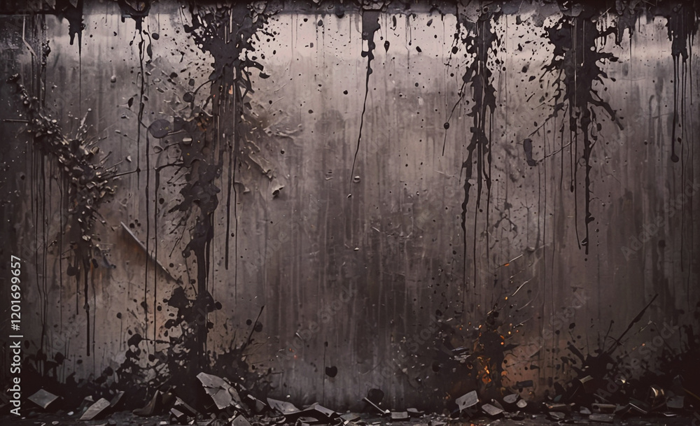 Poster a wall with graffiti and splatters of paint. the wall is covered in black paint and has a lot of tex