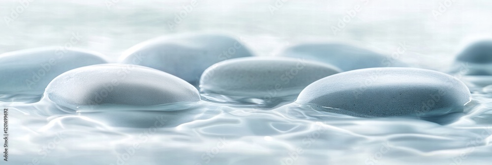 Aufkleber Close up view of smooth beach pebbles as gentle waves wash over them in soft coastal light. Generative AI