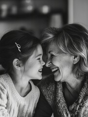 Fototapeta premium Heartwarming Intergenerational Moment, Grandmother and Child Sharing Joyful Smiles in a Cozy Kitchen.