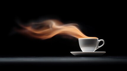 Steaming coffee cup on saucer, dark background,  for cafe menu or ad