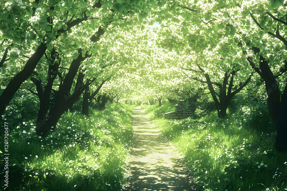 Poster serene path through blossoming trees, sunlight filtering through leaves, creating a magical atmosphe