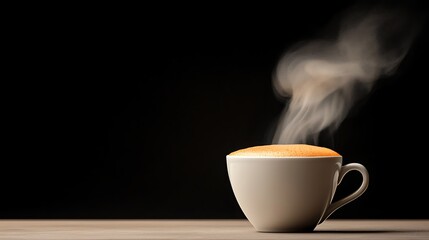 Steaming coffee cup on wood, dark background, morning beverage, website banner
