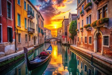 Surreal Venetian canals, AI-generated fantasy. Gondolas drift through a dreamlike Italian cityscape.