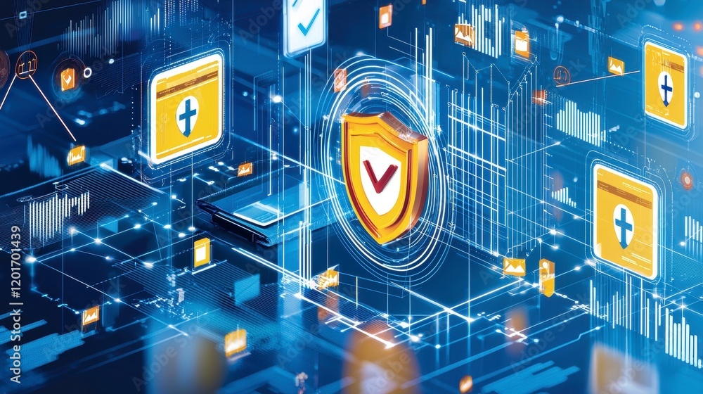 Poster digital security solutions cyber environment graphic visualization futuristic design technology conc