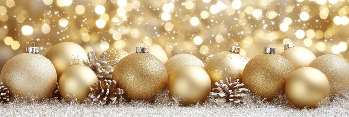 Golden Christmas ornaments, sparkling lights, snow. Festive holiday background