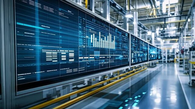 A detailed view of a data analysis room within the factory filled with large screens showing dynamic customer behavior analytics revealing insights that drive production decisions.