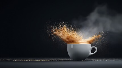 Steaming coffee exploding from cup, dark background, energy, beverage advertisement